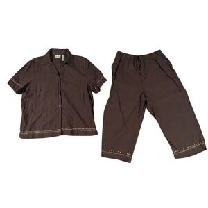 Classic Elements Brown Linen Blend Embroidered Top & Cropped Pants Set XL 18